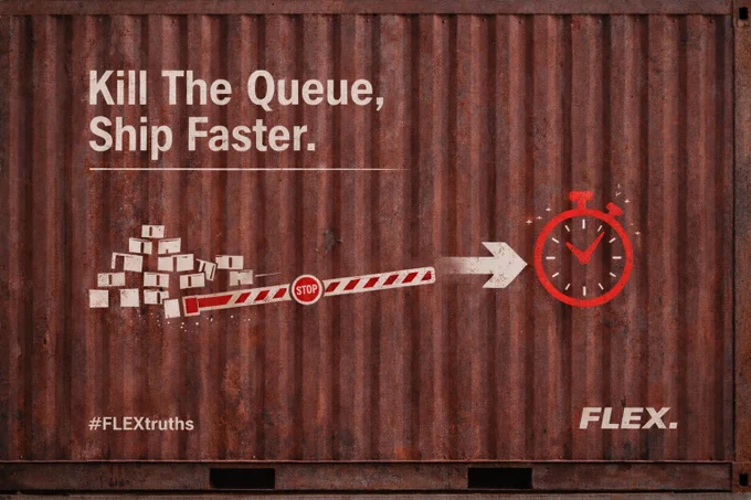 A rusty metal container displays the words "Kill The Queue, Ship Faster" with a diagram of boxes blocked by a barrier, leading to a stopwatch. Hashtags and brand name included.