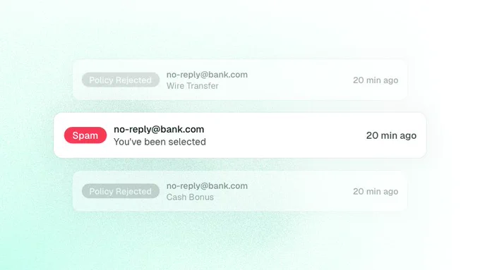 Email inbox showing a spam email labeled "Spam" and two other messages marked as "Policy Rejected," indicating email filtering issues.