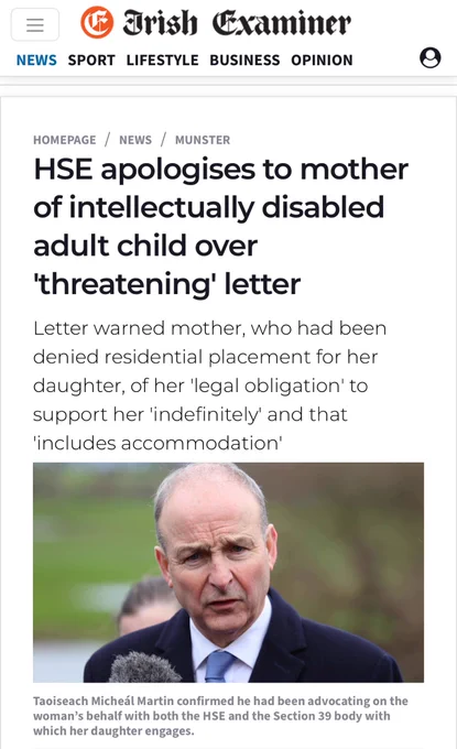 Image of the Irish examiner and Micheál Martin in the photo around the article on the HSE having to apologise to a mother for issuing a letter threatening around her “legal obligation” around caring for her disabled adult daughter.
