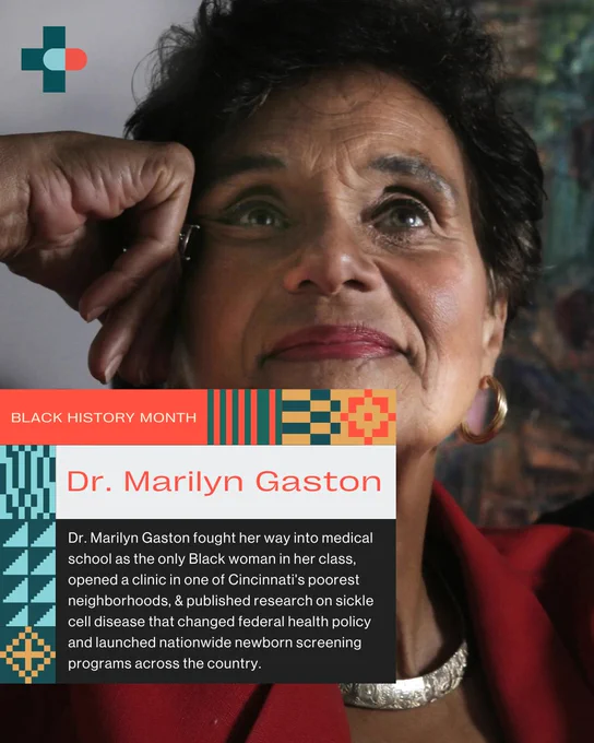Portrait of Dr. Marilyn Gaston, a pioneering Black female physician and researcher in sickle cell disease and newborn screening programs. Dr. Marilyn Gaston fought her way into medical school as the only Black woman in her class, opened a clinic in one of Cincinnati's poorest neighborhoods, & published research on sickle cell disease that changed federal health policy and launched nationwide newborn screening programs across the country.