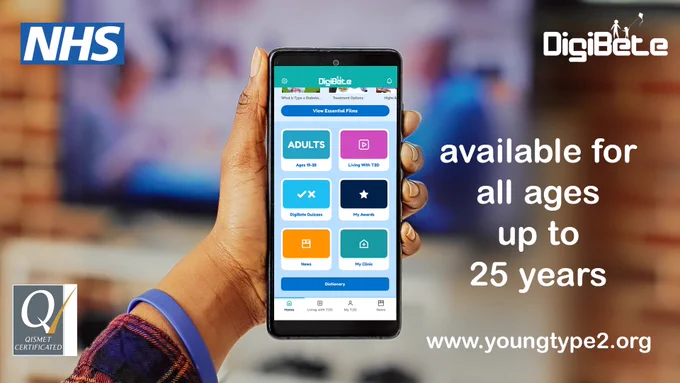 A screenshot of a hand holding a phone with the youngtype2 DigiBete app Home Screen.