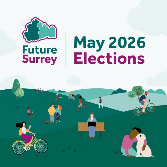 Graphic of people enjoying the Surrey countryside. Text: Future Surrey. May 2026 Elections.