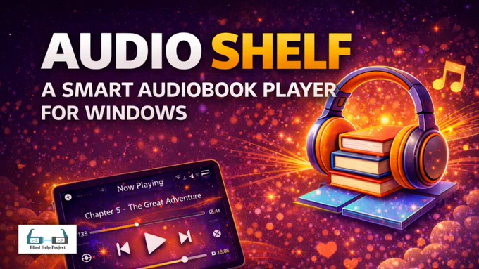Promotional banner for an audiobook app. Large text says “AUDIO SHELF – A SMART AUDIOBOOK PLAYER FOR WINDOWS.” On the right, a bright illustration shows a stack of colorful hardcover books resting on glowing digital tiles, with large orange-and-purple over-ear headphones wrapped over the books and golden sparkles and a music note around them. On the lower left, a tilted tablet screen displays an audiobook player interface with “Now Playing – Chapter 5: The Great Adventure,” a progress bar, and playback controls. In the bottom left corner is the “Blind Help Project” logo with stylized teal eyeglasses.