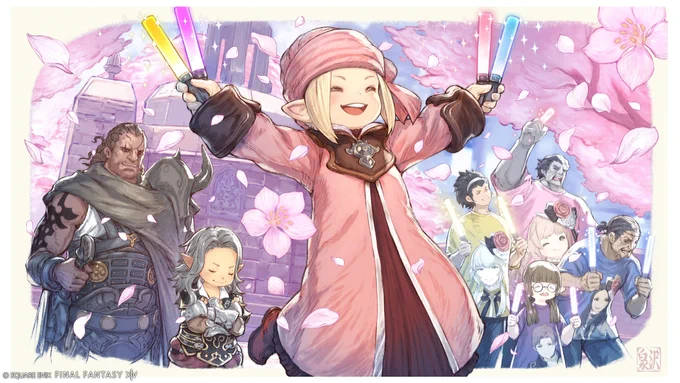 A Final Fantasy 14 illustration for Little Ladies' Day 2026. Nanamo Ul Namo is wearing a pink turban and robes while waving glowsticks in her hands, surrounded by falling pink flowers and petals. Raubahn and Pipin stand behind her watching with smiles on their faces. A group of characters are seen next to Nanamo cheering with glowsticks in their hands. Pink trees are seen in the background.