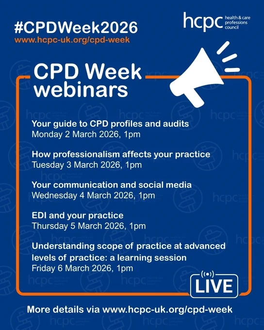 Schedule of CPD Week 2026 webinars by HCPC covering profiles, professionalism, communication, EDI, and advanced practice from March 2-6 at 1pm.