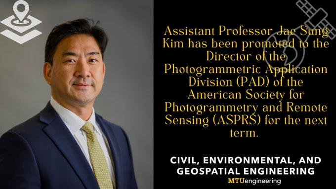 Professional portrait of Assistant Professor Jae Sung Kim wearing a navy suit and yellow tie beside text announcing his promotion to Director of the Photogrammetric Applications Division of the American Society for Photogrammetry and Remote Sensing, with Civil, Environmental, and Geospatial Engineering branding at Michigan Technological University.