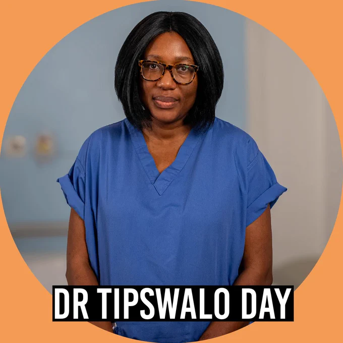 Portrait of Dr Tipswalo Day wearing blue medical scrubs and glasses, standing indoors against a softly blurred clinical background. The image is framed in an orange circle with the name “Dr Tipswalo Day” displayed at the bottom.
