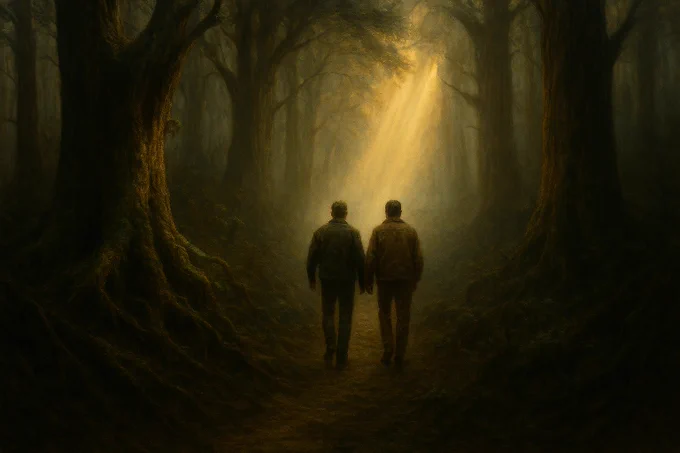A man was walking in a woodsy wilderness. He became lost and was unable to find his way out. Another man met him. "Sir, I am lost, can you show me the way out of this wilderness?" "No," said the stranger, "I cannot show you the way out of the wilderness, but maybe if I walk with you, and we walk towards the light, we can find it together."