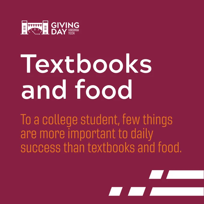 Giving Day graphic with text: "Textbooks and food. To a college student, few things are more important to daily success than textbooks and food."