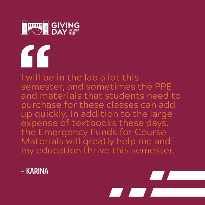 Giving Day graphic with text: "I will be in the lab a lot this semester, and sometimes the PPE and materials that students need to purchase for these classes can add up quickly. In addition to the large expense of textbooks these days, the Emergency Funds for Course Materials will greatly help me and my education thrive this semester."