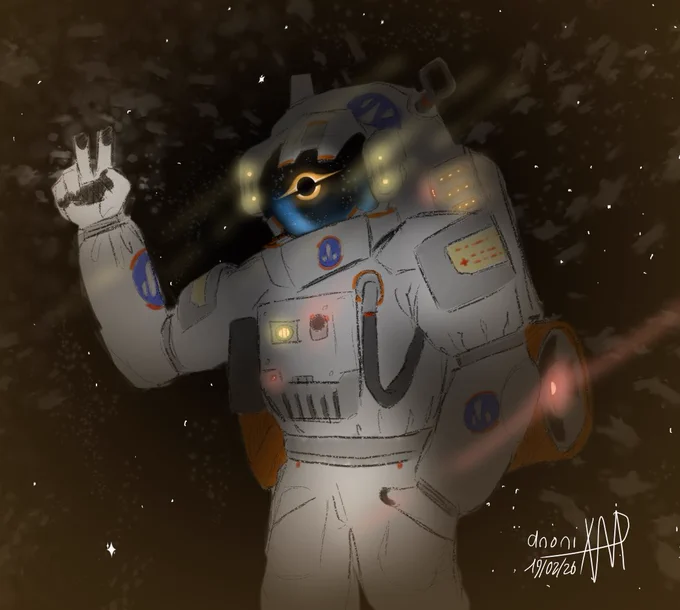 an astronaut drifting in space toward a black hole.
the astronaut got one hand in his pocket while the other hand gesture a "V" for "peace" 
