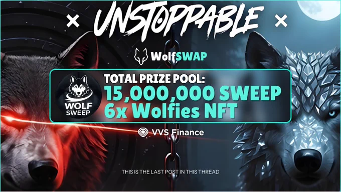 Two stylized wolves flank a vibrant prize pool announcement for WolfSWAP, featuring NFTs and token rewards.
