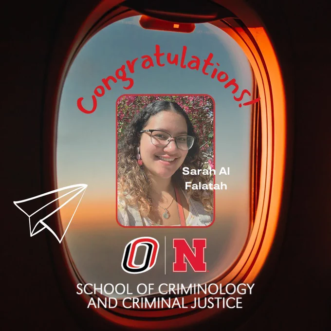Background is an airplane window. In the window is a photo of Sarah Al Falatah with her name on it. Paper airplane graphic mid left post. SCCJ logo at bottom. Text reads Congratulations!