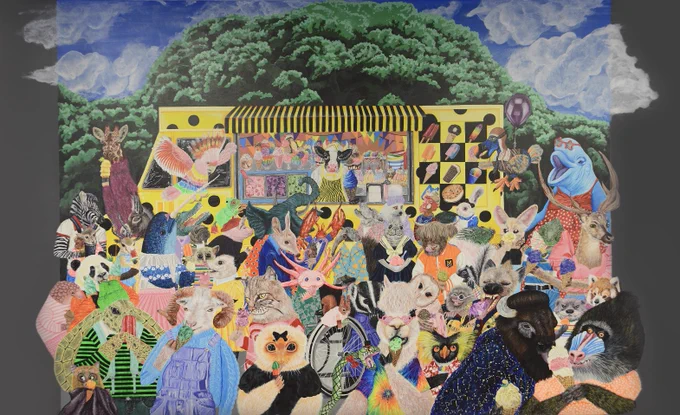 A vibrant illustration features a variety of anthropomorphic animals dressed in colorful, whimsical outfits. They are gathered in front of a yellow ice cream truck decorated with stripes.