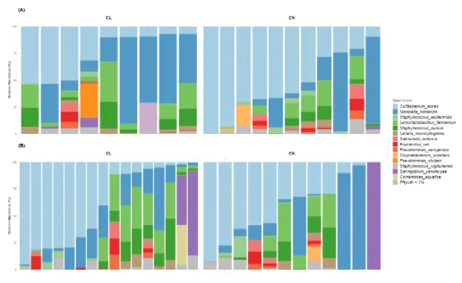 Sex-stratified taxonomic characterization of the ocular surface microbiome. Relative abundances of microbial species for (A) males (CL = contact lens wearers, n = 9; CN = controls, n = 11) and (B) females (CL, n = 16; CN, n = 12).
