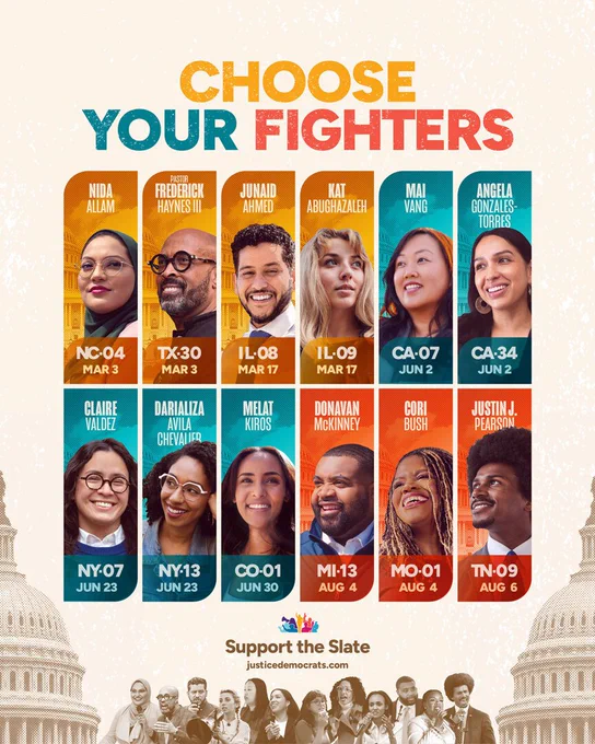 JD endorsement graphic of full slate members with "choose your fighters" title and each candidate   district