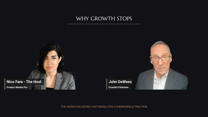 Nico Fara, host of Why Growth Stops and founder of Product Market Pro, in conversation with John DeWees, Founder and Chairman, on the show. The title "Why Growth Stops" appears above them with the subtitle "The Hidden Decisions That Derail GTM, Fundraising & Traction." The episode topic is Communication Debt Is Killing Your Traction.
