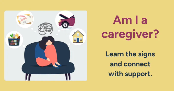 Woman sitting on a couch looking stressed with icons of bills, tangled wires, car trouble, groceries, and a house around her, highlighting caregiver challenges.