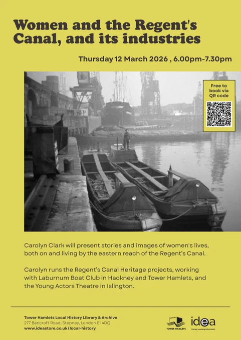 event poster with yellow background, black white image of a woman on a barge on the canal. event copy in black