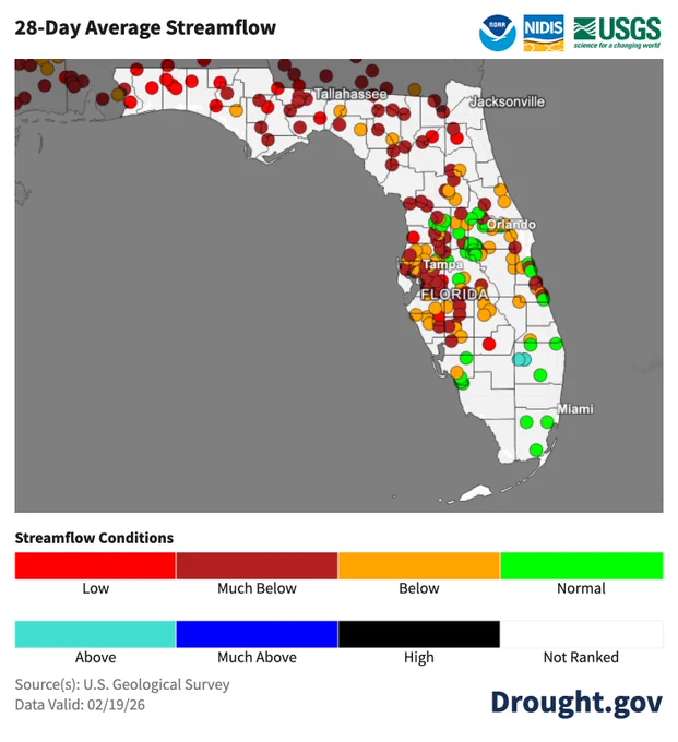 This map, highlighting Florida, shows streamflow conditions averaged over the last 28 days, compared to historical conditions for the same time period.