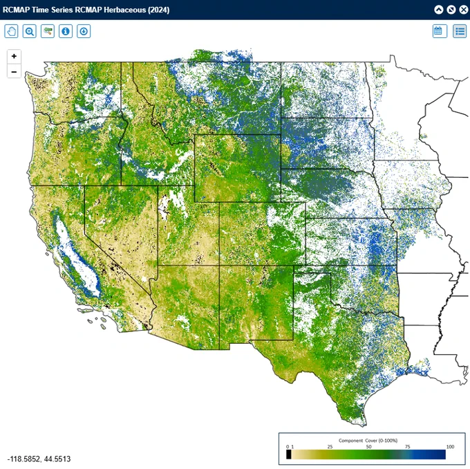Map showing herbaceous vegetation cover across the western and central United States in 2024, with varying densities from low to high.