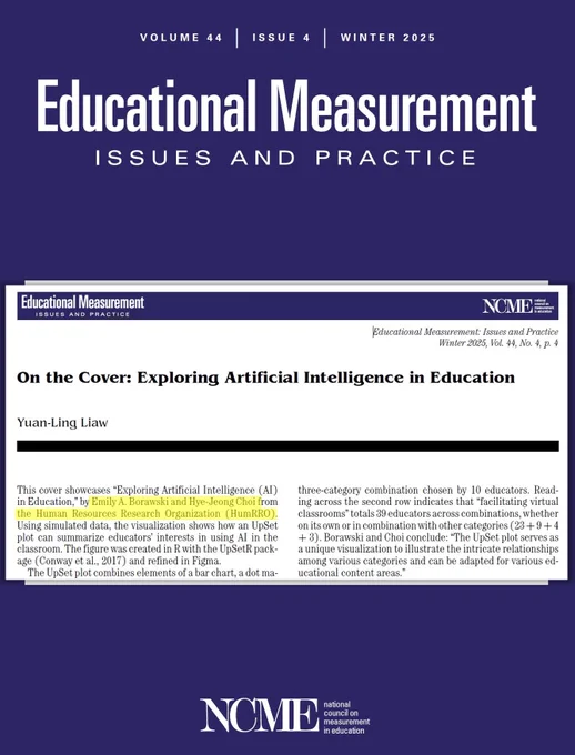 Cover of the Educational Measurement Issues and Practice, Volume 44, Issue 4, Winter 2025 issue. At the bottom is the logo for NCME (National Council on Measurement in Education). A snippet of the write-up by Yuan-Ling Llaw about the winning data visualization charts created by Emily Borawaski and Hye-Jeong Choi is superimposed on top of the cover. 
https://onlinelibrary.wiley.com/doi/10.1111/emip.70006 