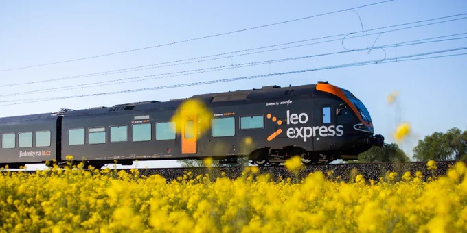 A sleek train with "Leo Express" branding travels along tracks, surrounded by a vibrant field of yellow flowers under a clear blue sky.
