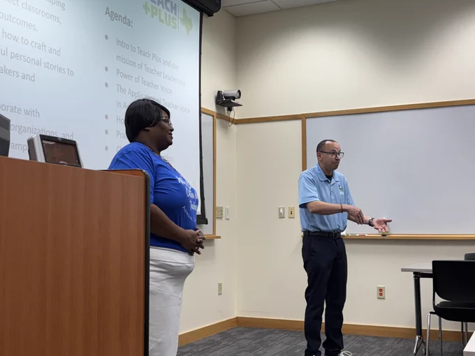 Teach Plus Alumna JoMeka Gray, NBCT and Policy Program Manager Dr. Hjamil Martínez-Vázquez lead a session on Advocacy with Teach Plus at the 2026 TXNBCT Conference on February 7.
