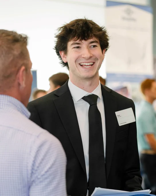 A student dressed in a suit at NC State's Career Connections.