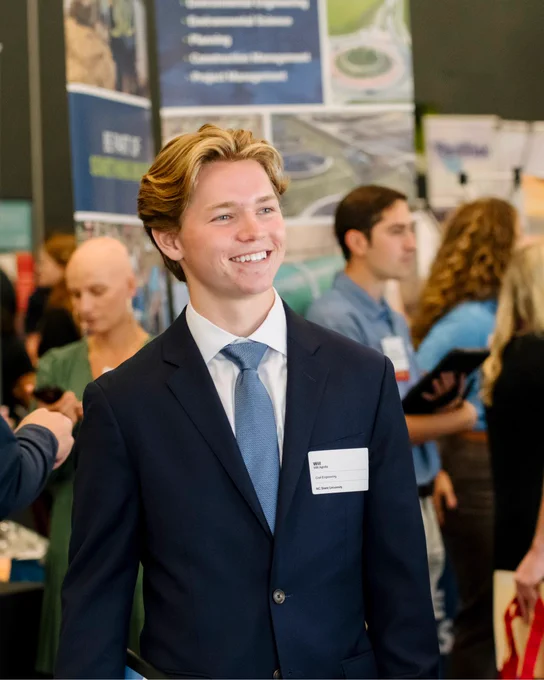 A student dressed in a suit at NC State's Career Connections.