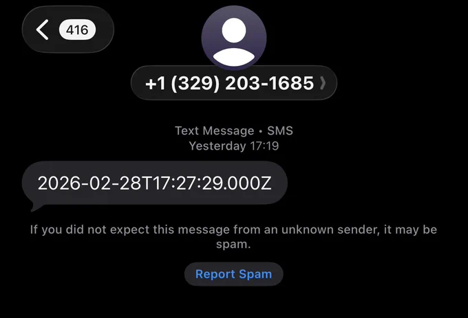 Text from unknown number that says 2026-02-28T17:27:29.000Z