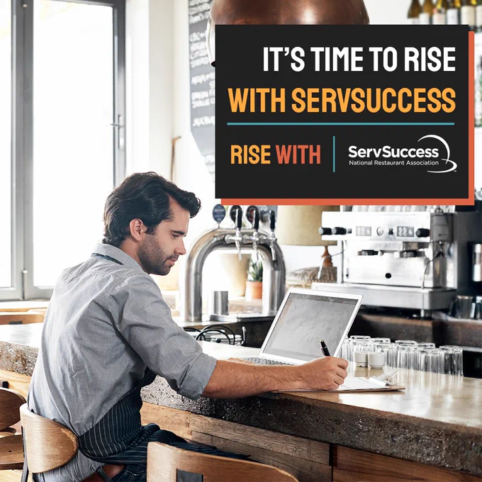 This image shows a person sitting at a counter with a laptop, writing in a notebook. In the background, there's café equipment. A bold message on the right reads, "It's time to rise with ServSuccess," with a ServSuccess logo.