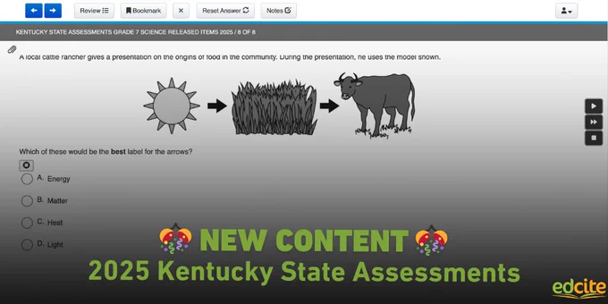 Screenshot of a Kentucky Grade 7 science question with a food chain diagram (sun, grass, cow) and text overlay reading “New Content – 2025 Kentucky State Assessments” with the Edcite logo.