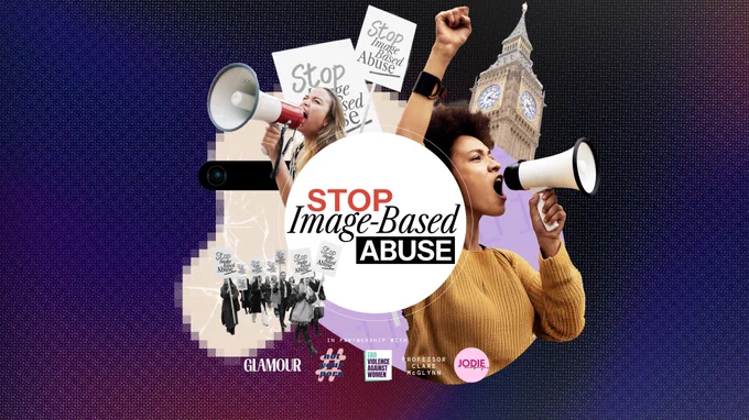 Placards that say 'stop image-based abuse!' Women shouting into megaphones