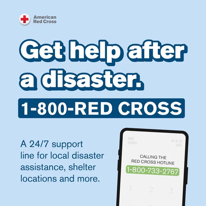 The image features the American Red Cross logo and text urging people to "Get help after a disaster" with the phone number "1-800-RED CROSS." There is a smartphone illustration displaying the number "1-800-733-2767." Text below mentions a 24/7 support line for disaster assistance and shelter locations.
