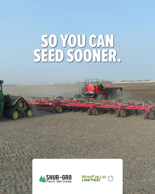A red agricultural machine tows a large piece of farm equipment across a field. Text above reads "So You Can Seed Sooner." Logos for Shur-Gro Farm Services and WinField United are at the bottom.
