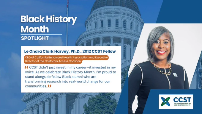Black History Month graphic including Le Ondra Clark Harvey’s name, title, and a quote over a blue background of the Sacramento Capitol and featuring Le Ondra’s headshot on the right side of the graphic. 