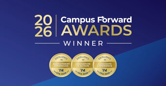 Gold text on blue background. 2026 Campus Forward Awards Winner. 3 gold circles identifying categories: recruitment strategies, innovation in action, candidate experience.