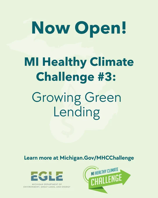 Text on green background. Text says, 'Now open! MI Healthy Climate Challenge #3: Growing Green Lending