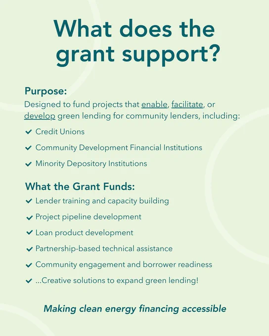 “Graphic titled ‘What does the grant support?’ Text explains the grant funds projects that enable, facilitate, or develop green lending for community lenders, including credit unions, community development financial institutions, and minority depository institutions. Bullet points list funded activities such as lender training, project pipeline development, loan product development, partnership-based technical assistance, community engagement and borrower readiness, and creative solutions to expand green lending. Closing text reads: ‘Making clean energy financing accessible.’”