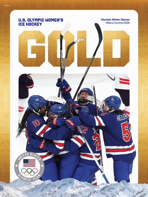 Gold graphic for U.S. Olympic Women's Ice Hockey. Photo of team celebrating