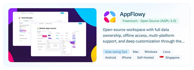 AppFlowy showcases a task manager and mobile app launch interface, highlighting its open-source features and cross-platform support.