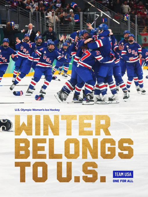 Winter Belongs to U.S. graphic. Photo of U.S. Olympic Women's Ice Hockey team.