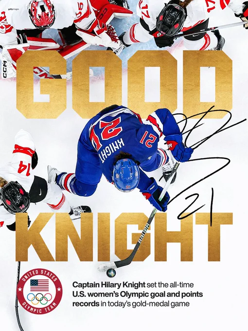 Graphic with a photo of Hilary Knight. Text reads: Good Knight. Captain Hilary Knight set the all-time U.S. women's Olympic goal and points records in today's gold-medal game.