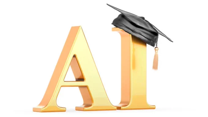The letters "AI" in gold lettering with a graduation cap draped on top of the "I."