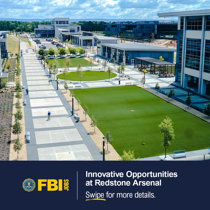 Photo of modern FBI Innovation Center building exterior with landscaping. Innovative Opportunities at Redstone Arsenal, Swipe for more details. FBI Jobs logo.