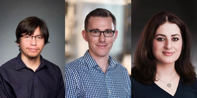 Portrait pictures of the awardees: Dr. Emilio Alarcon (left), Dr. Maxime Rousseaux (centre), and Dr. Arezu Jahani-Asl (right).