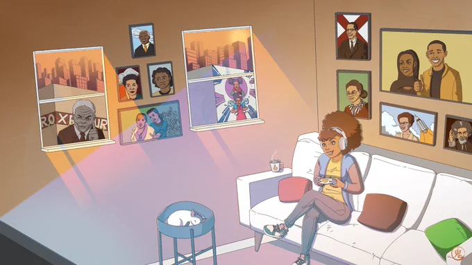 An illustrated image of a female gamer sitting on a couch enjoying a game. In the background of the room, portraits of prominent Black voices from past generations don the walls.