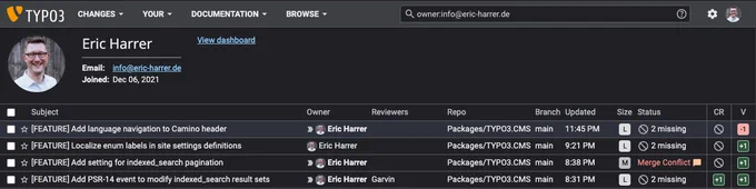 Screenshot of Eric Harrer's Gerrit dashboard on review.typo3.org showing four open TYPO3 CMS feature patches on the main branch, including language navigation, localized enum labels, indexed_search pagination, and a PSR-14 event for indexed_search result sets.