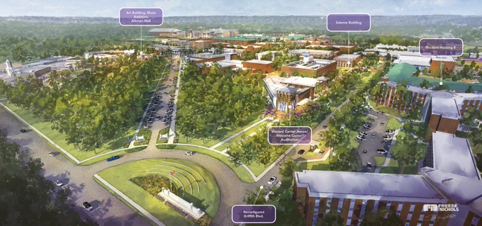 Aerial illustration of SFA's campus showing labeled buildings, including the Art Building, Science Building, and Student Housing. The landscape is lush with green trees, roads, and pathways connecting various structures. 